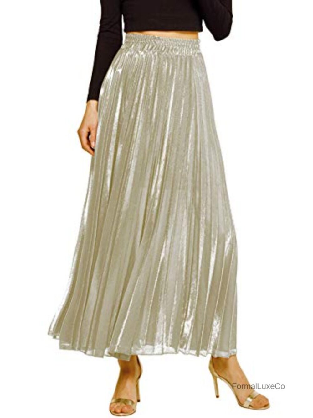Women's Metallic Accordion Pleated High Rise Long Maxi Skirt with Shimmer Finish